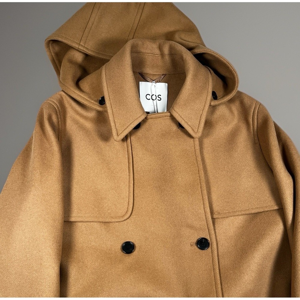 NWT COS Camel Brown‎ WOOL Hooded Double Breasted DUFFLE Long Pea Coat US-12